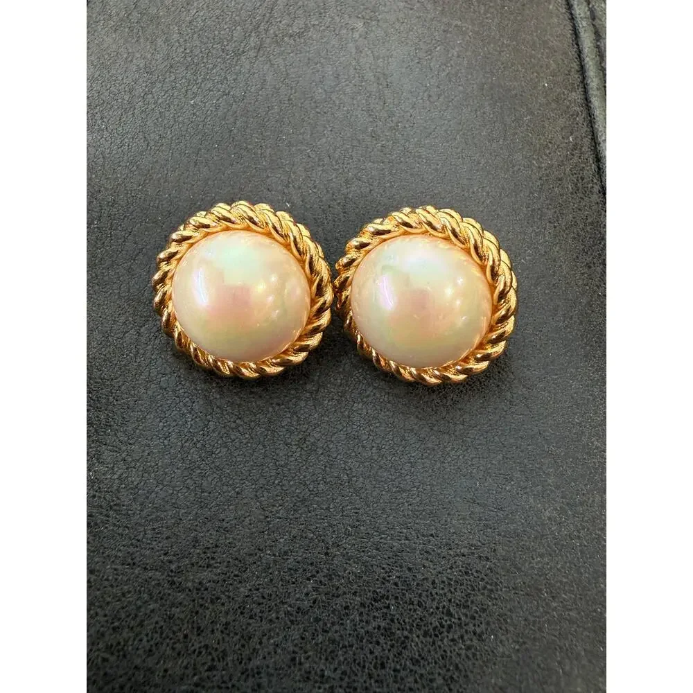 Christian Dior Vintage Faux Pearl Gold Tone Rope Clip On Earrings Signed